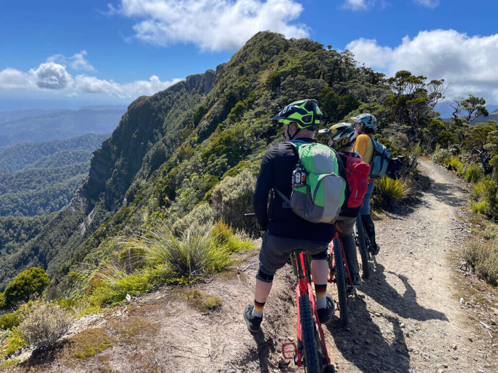 Mountain bikers riding the Paparoa Trail, Nelson, New Zealand