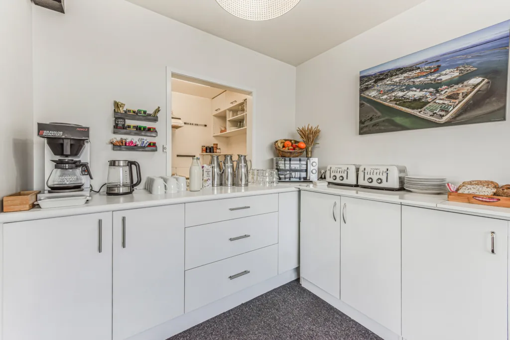 Breakfast room with local coffee, fruit juice, teas, toast and fresh fruit