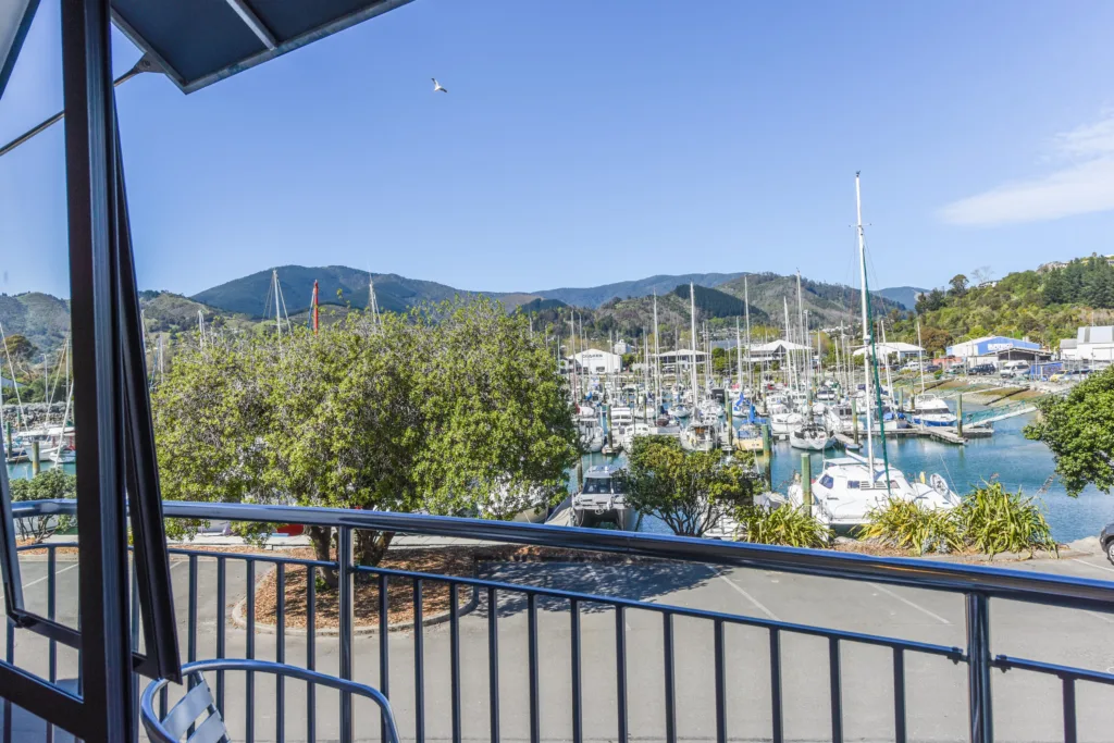Balcony view over Nelson Marina and the hills from the Marina View Apartment